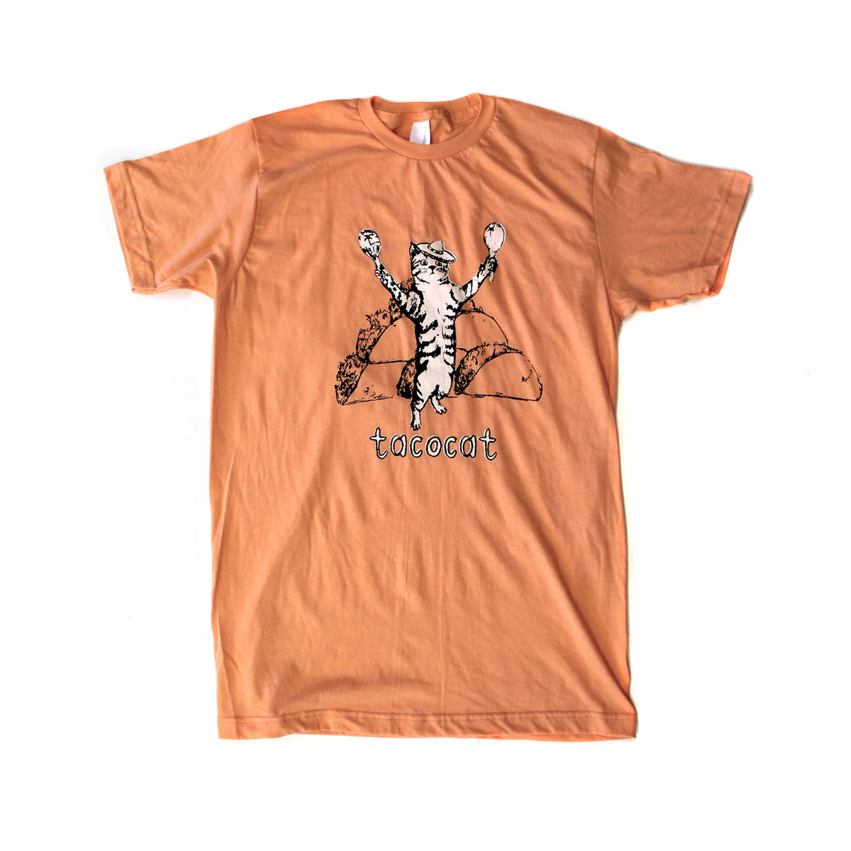 The image is an orange t-shirt with a graphic design featuring a cat with its arms raised, surrounded by a taco and the word "tacocat" written below.