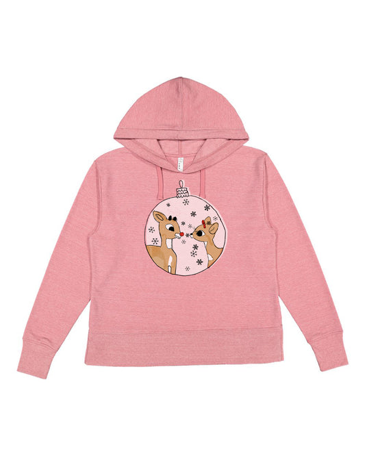 A pink hoodie with a graphic of two cartoon reindeer on the front.