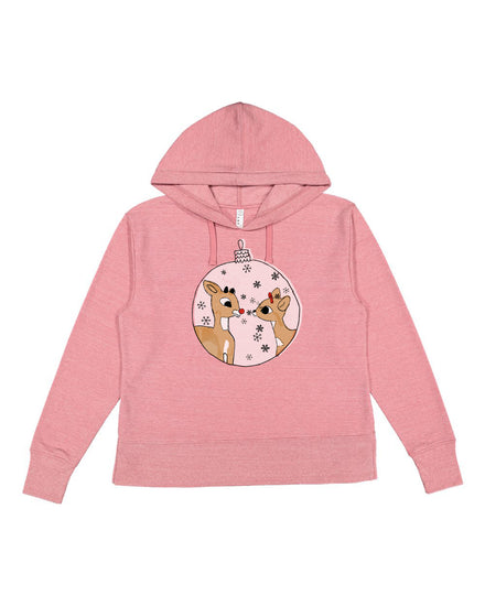 A pink hoodie with a graphic of two cartoon reindeer on the front.