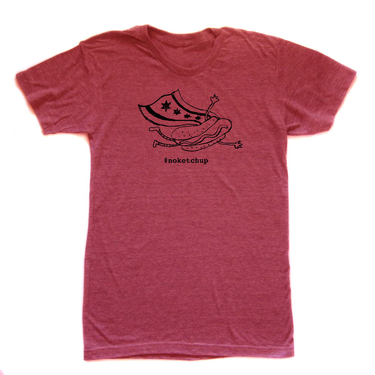A red t-shirt with a graphic design depicting a hot dog with a shield and stars on it, along with the text "#noketchup".