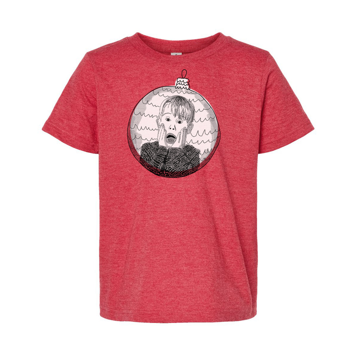 A red t-shirt with a graphic design depicting a person's face with a distressed expression, surrounded by a circular pattern.