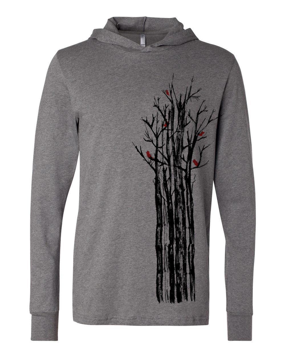 A gray hooded sweatshirt with a graphic design depicting a tree with black branches and red birds perched on the branches.