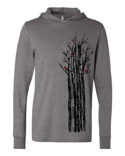 A gray hooded sweatshirt with a graphic design depicting a tree with black branches and red birds perched on the branches.