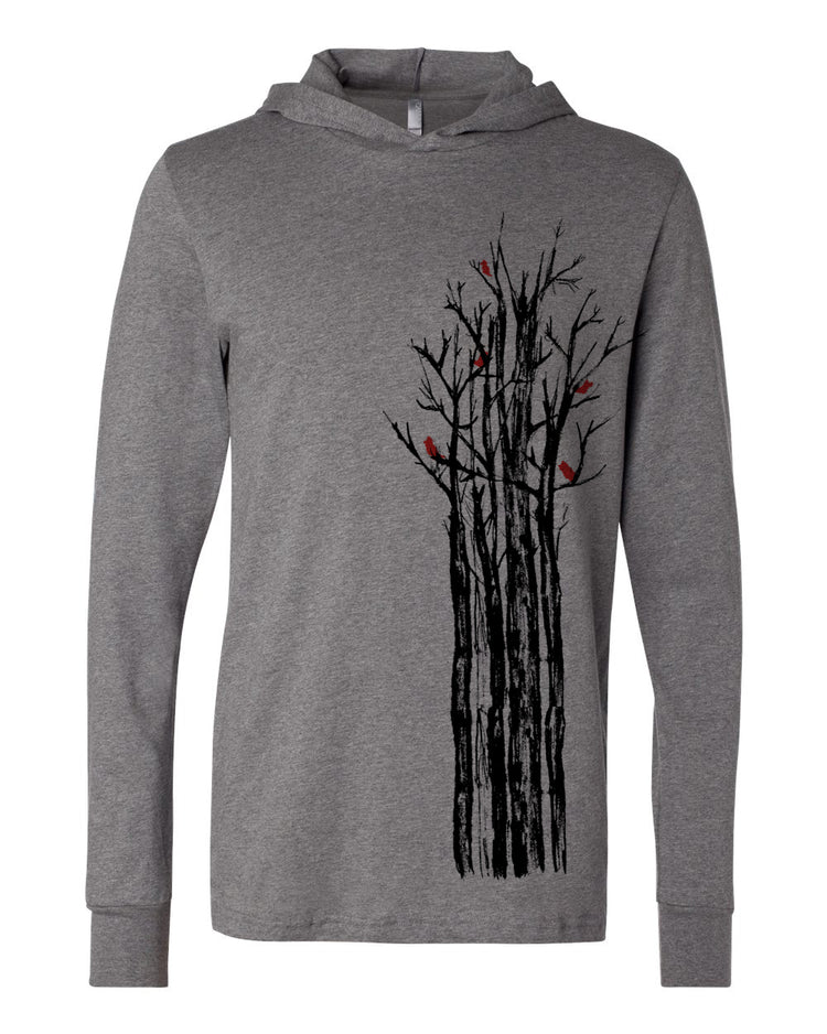 A gray hooded sweatshirt with a graphic design depicting a tree with black branches and red birds perched on the branches.