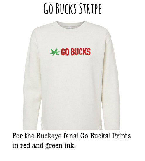 A white sweatshirt with the text "GO BUCKS STRIKE" printed on it, along with a green leaf symbol.