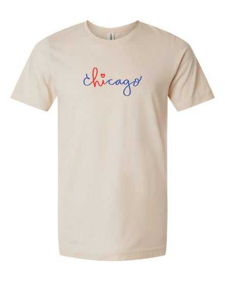 A beige t-shirt with the word "Chicago" written in blue cursive text across the front.