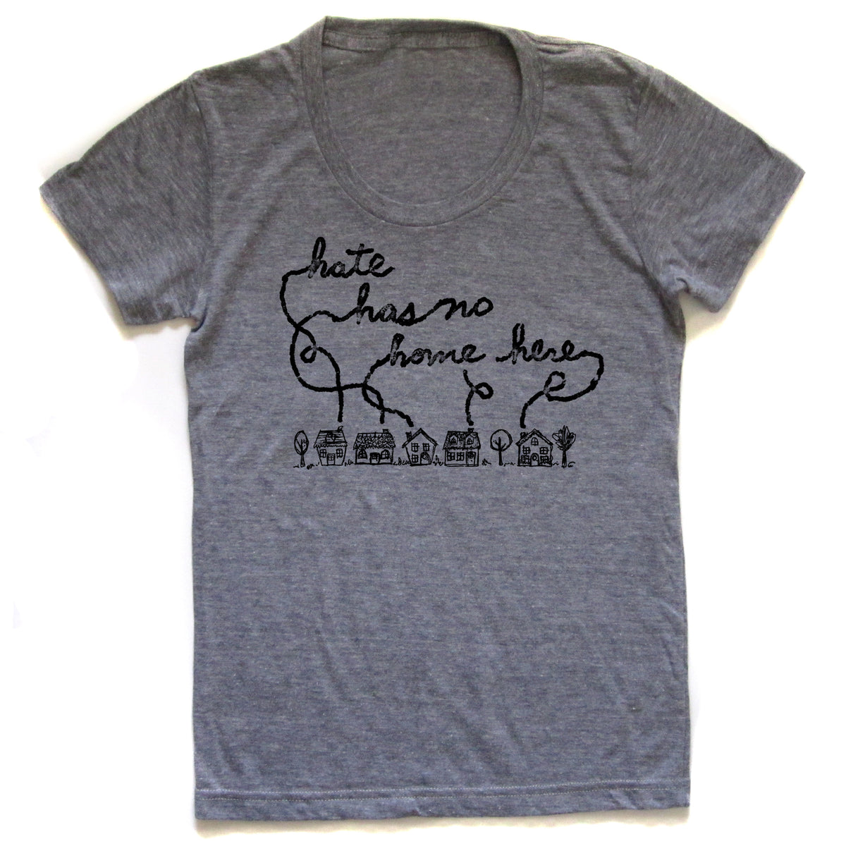 A gray t-shirt with a hand-drawn design and text printed on it.