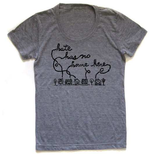 A gray t-shirt with a hand-drawn design and text printed on it.
