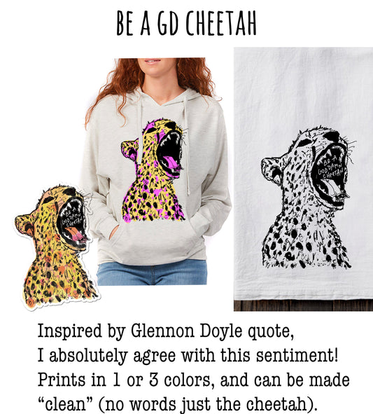 The image is a collage featuring a woman wearing a grey hoodie with a graphic of a cheetah on it. The collage also includes a close-up of the woman's face and a close-up of a cheetah's face.
