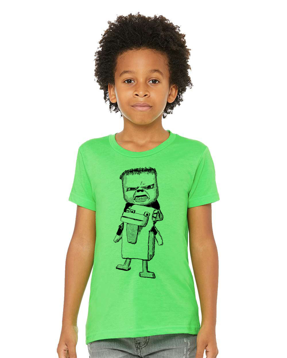 A young boy wearing a lime green t-shirt with a cartoon character printed on it.