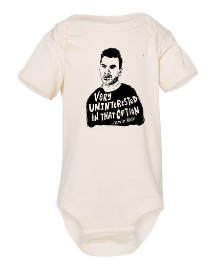 A white baby onesie with a black and white graphic of a man's face and text that reads "Very Uninterested in That Option" printed on it.