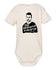 A white baby onesie with a black and white graphic of a man's face and text that reads "Very Uninterested in That Option" printed on it.