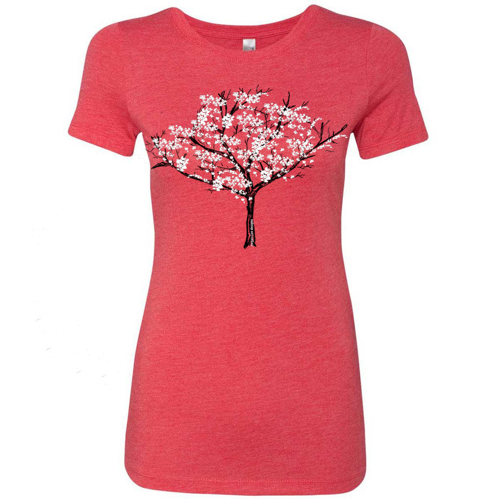 A red t-shirt with a graphic design of a tree with white flowers on it.