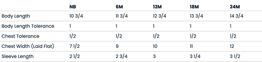 a table with various measurements and corresponding body length categories, such as "Body Length", "Body Length Tolerance", "Chest Tolerance", "Chest Width (Laid Flat)", and "Sleeve Length". The table provides specific measurements for different body length categories, such as "10 3/4", "11 3/4", "12 3/4", "13 3/4", "14 3/4", and "18/4".