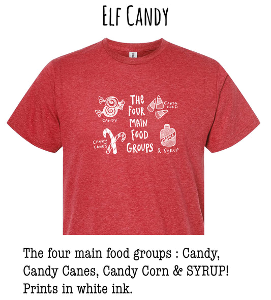 A red t-shirt with white text and illustrations related to the " Elf Candy" theme.