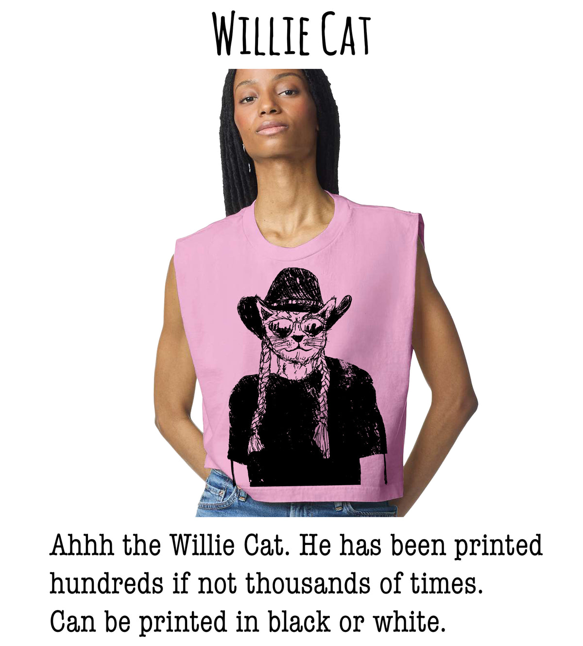 A woman wearing a pink crop top with a graphic of a cat wearing a cowboy hat.