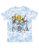 A blue and white tie-dye t-shirt with an illustration of an octopus playing a drum set and the text "I march to the beat of my own drum" printed on it.