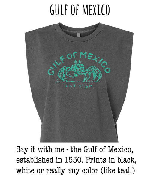 The image is a t-shirt with a graphic design featuring a crab and the text "Gulf of Mexico" and "Est. 1550".