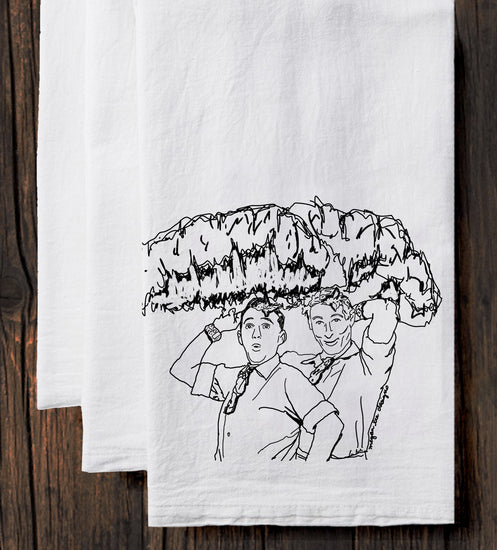 A black and white line drawing of two people standing under a large umbrella, with one person appearing to be in a surprised or excited expression.