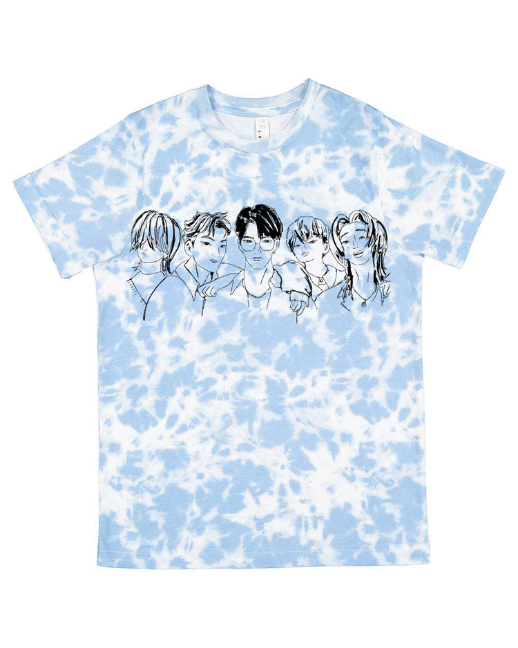 A blue and white tie-dye t-shirt with a graphic design featuring five stylized human faces arranged in a row.