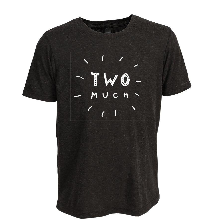A black t-shirt with the text "TWO MICH" printed on it in white.