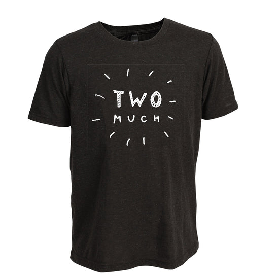 A black t-shirt with the text "TWO MICH" printed on it in white.