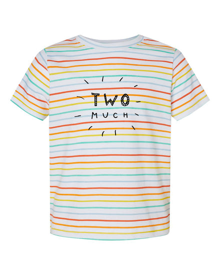 A striped t-shirt with the text "TWO MUCH" printed on it.