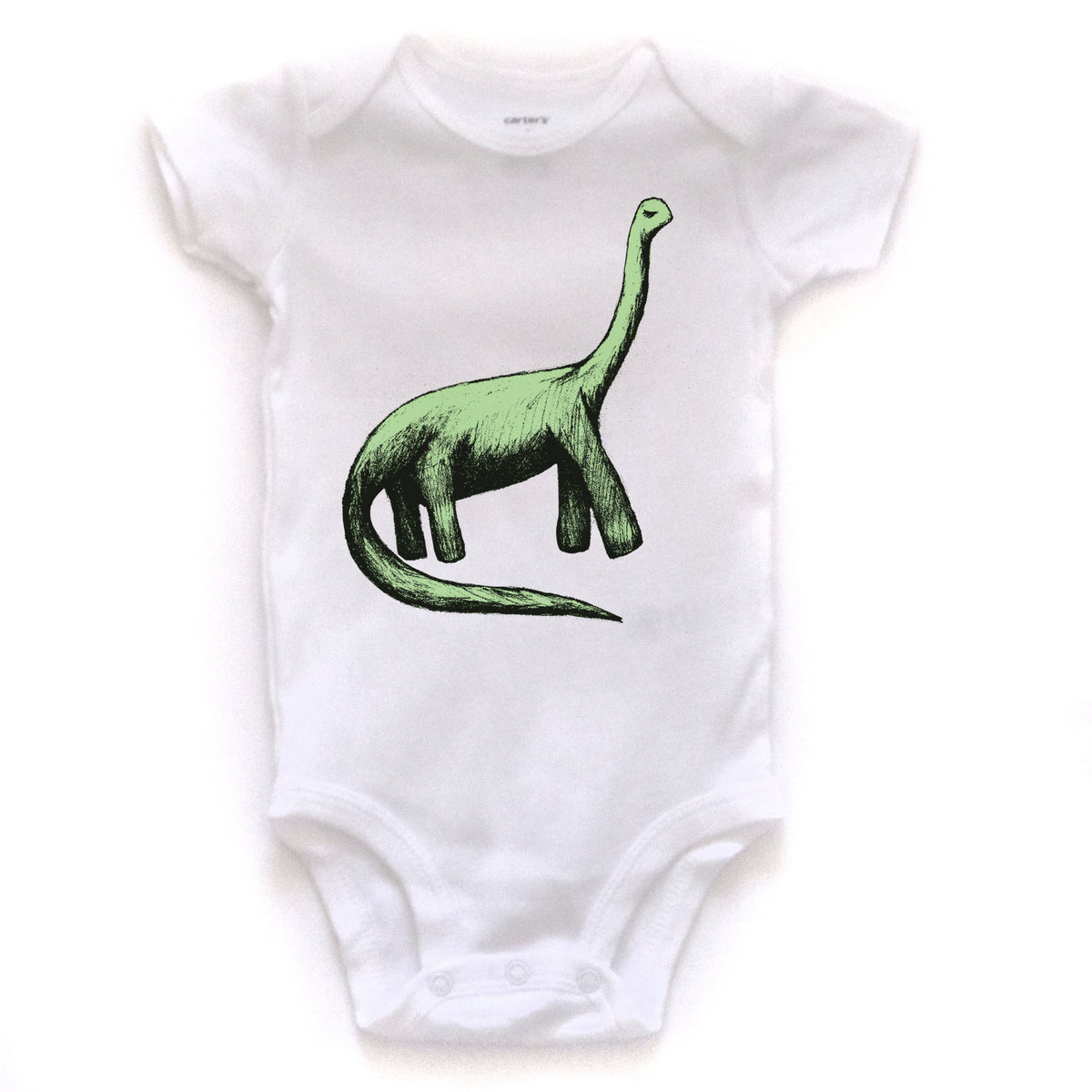 A white baby onesie with a green dinosaur graphic printed on it.