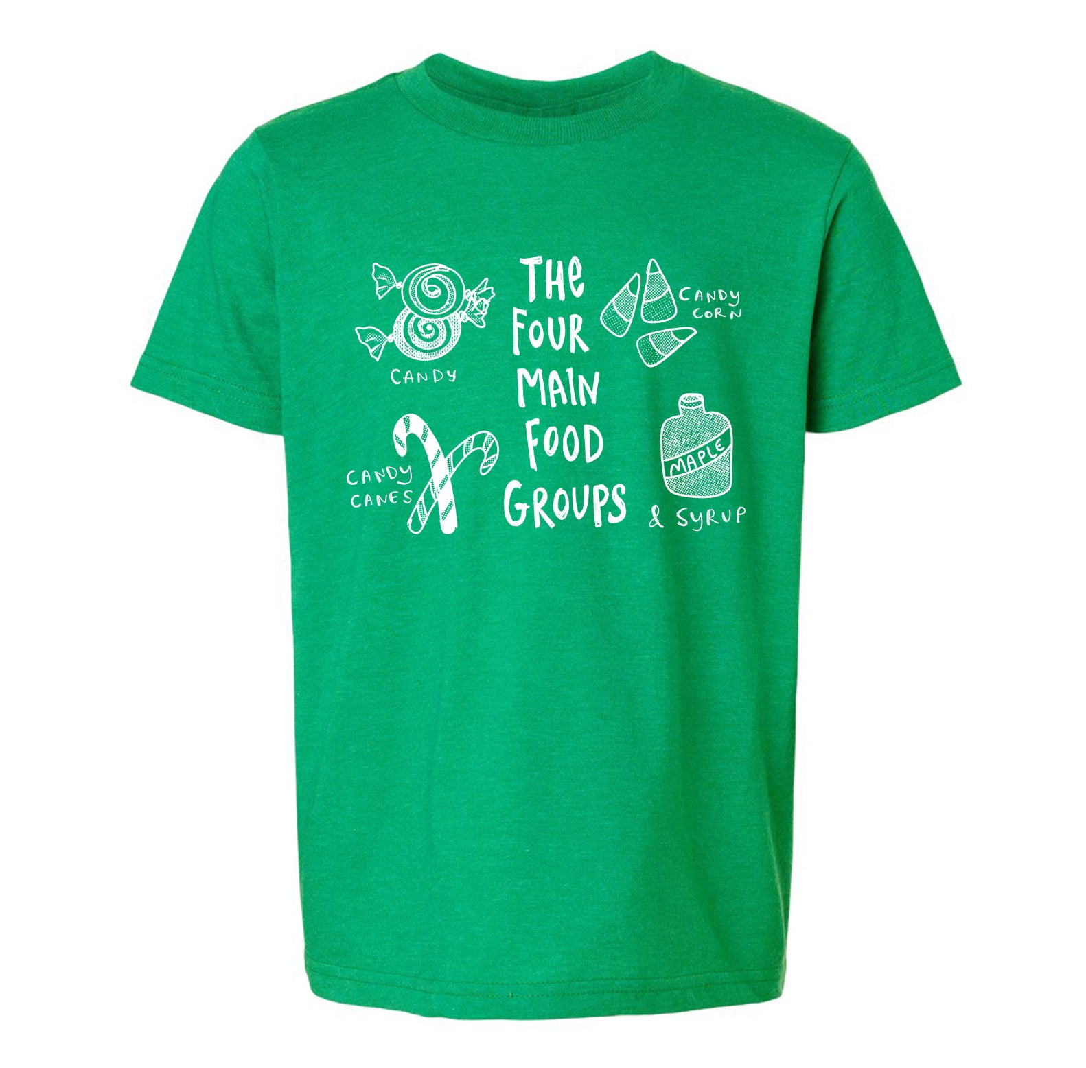 The image is a green t-shirt with white text and illustrations related to candy and food groups.