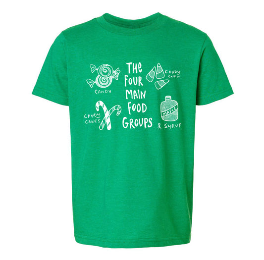The image is a green t-shirt with white text and illustrations related to candy and food groups.