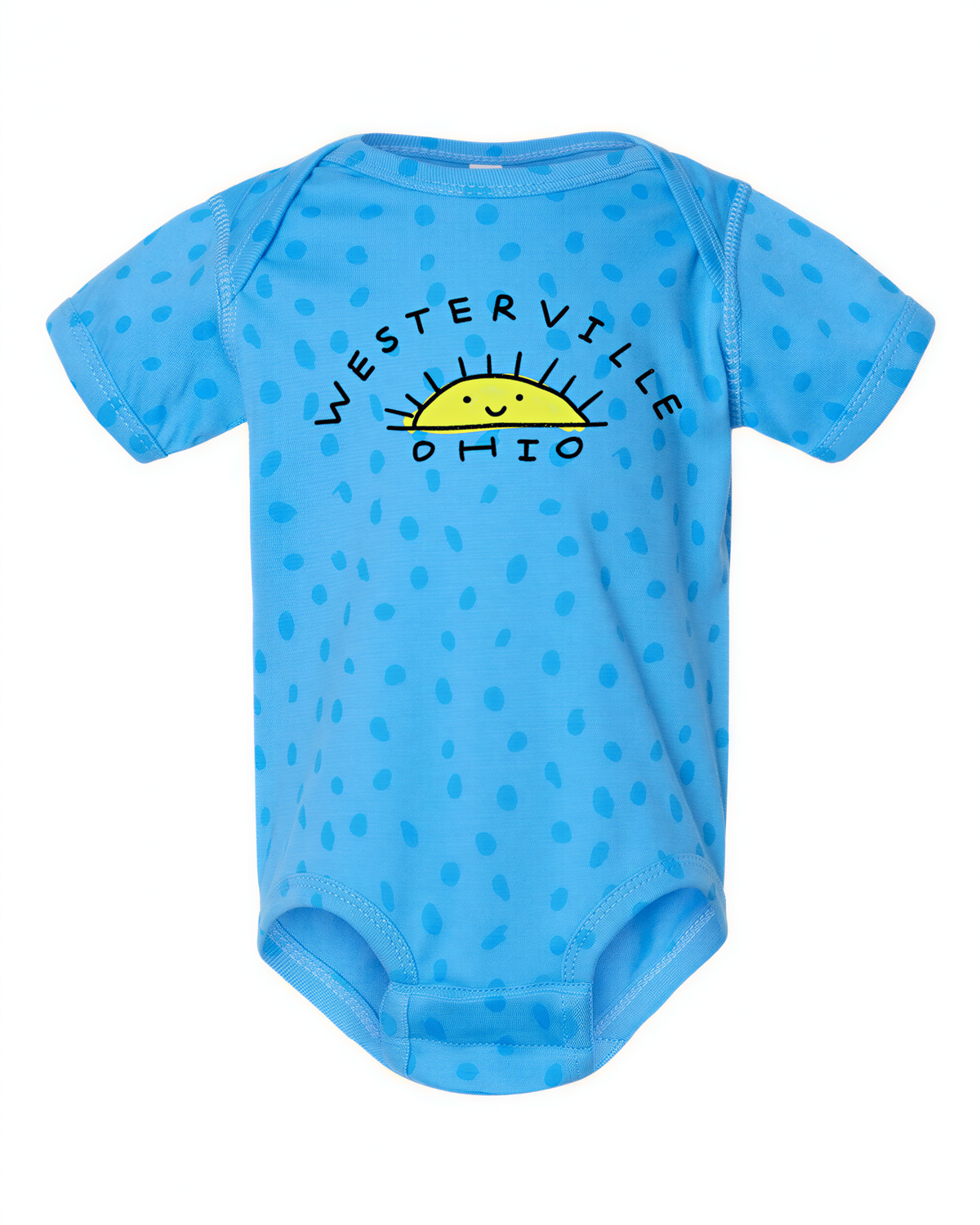 A blue baby onesie with a sun design and the text "WESTERVILLE OHIO" printed on it.