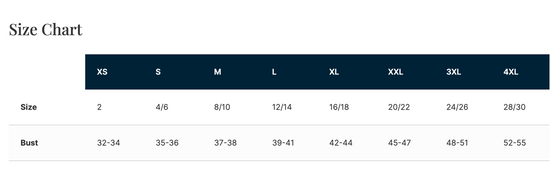 The image is a size chart that provides measurements for various sizes, including 2, 4/6, 8/10, 12/14, 16/18, 20/22, 24/26, 28/30, 32-34, 35-36, 37-38, 39-41, 42-44, 45-47, 48-51, and 52-55.