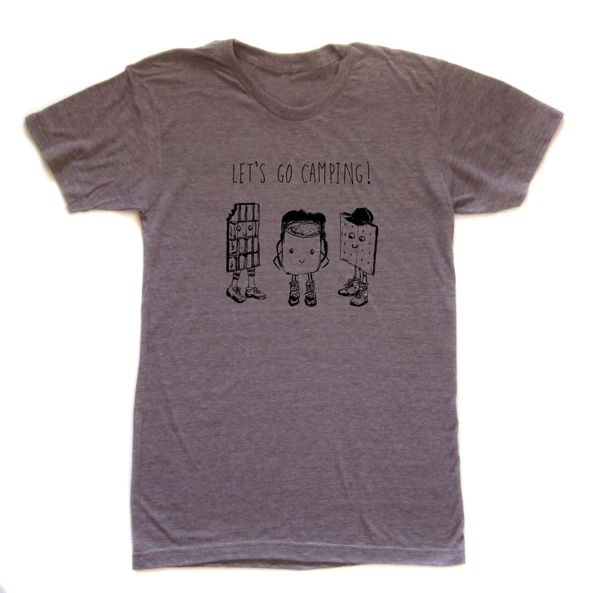 A gray t-shirt with a graphic design featuring three cartoon-style figures, each representing a different camping-related item or activity. The text above the design reads "LET'S GO CAMPING!".