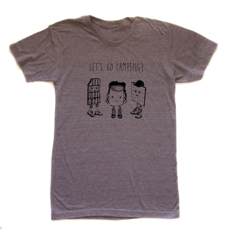 A gray t-shirt with a graphic design featuring three cartoon-style figures, each representing a different camping-related item or activity. The text above the design reads "LET'S GO CAMPING!".