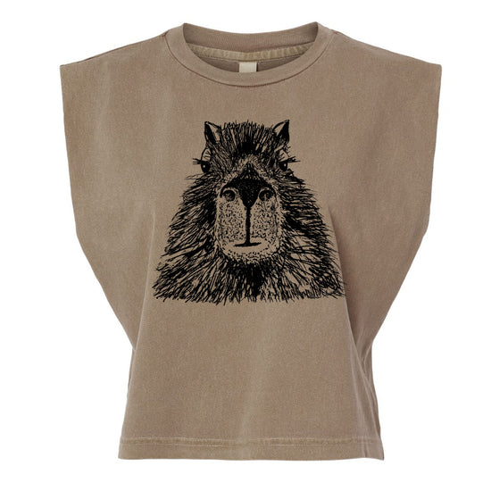 A beige t-shirt with a black graphic of a lion's head printed on it.
