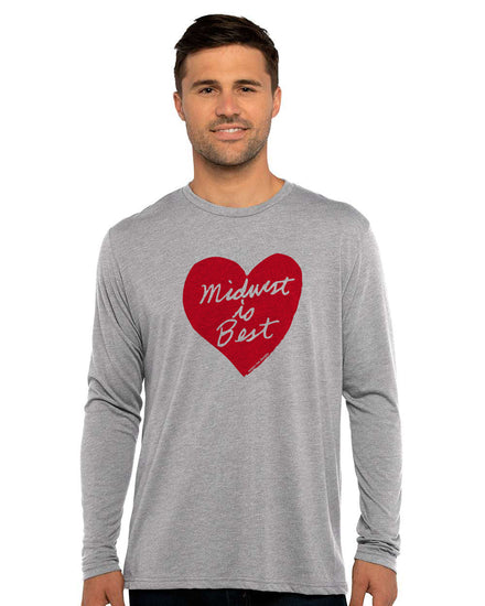 A man wearing a gray long-sleeved shirt with a red heart graphic and the text "Midwest is Best" printed on it.