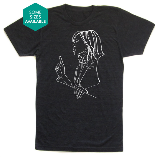 a black t - shirt with a drawing of a woman pointing at something