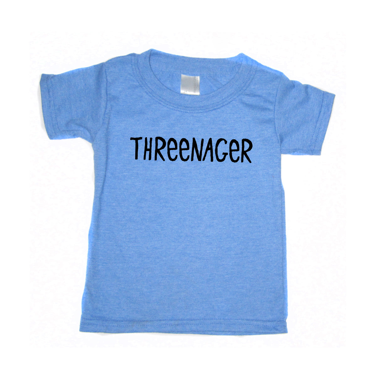 A light blue t-shirt with the text "THREEENAGER" printed on it.