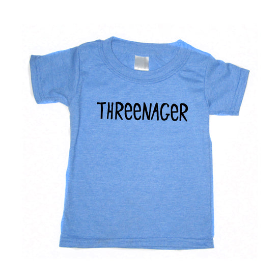 A light blue t-shirt with the text "THREEENAGER" printed on it.
