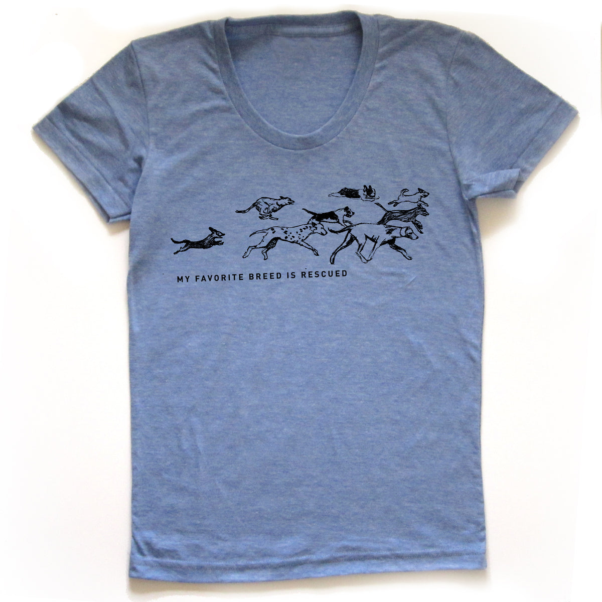A light blue t-shirt with a graphic design depicting a group of dogs running together.