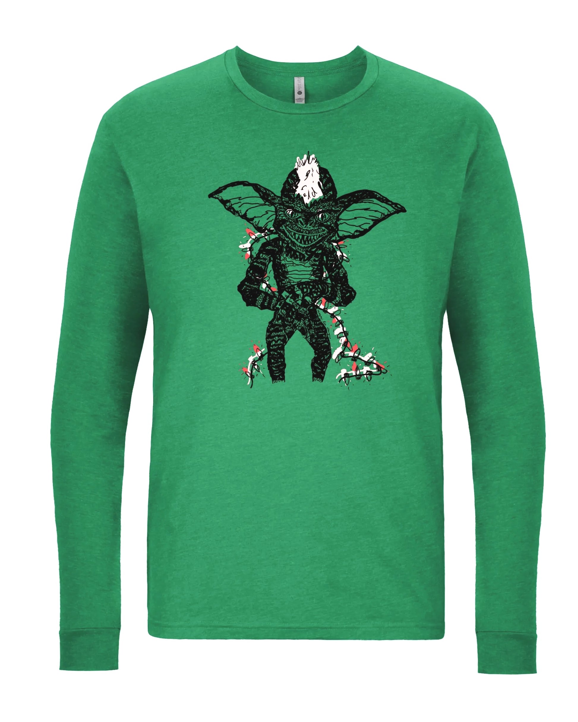 A green long-sleeved shirt with a graphic of a green alien-like creature with large ears and a head, holding a weapon in its hand.