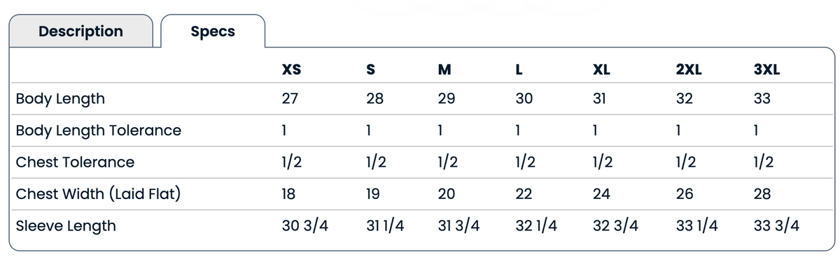 The image is a table with various measurements and descriptions for different sizes of clothing items, such as XS, S, M, L, 2XL, and 3XL.