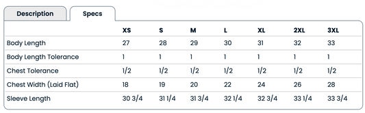 The image is a table with various measurements and descriptions for different sizes of clothing items, such as XS, S, M, L, 2XL, and 3XL.