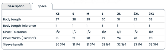 The image is a table with various measurements and descriptions for different sizes of clothing items, such as XS, S, M, L, 2XL, and 3XL.