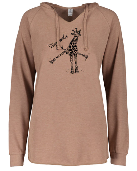 A light brown hoodie with a graphic of a giraffe and the text "Stay wild" printed on it.