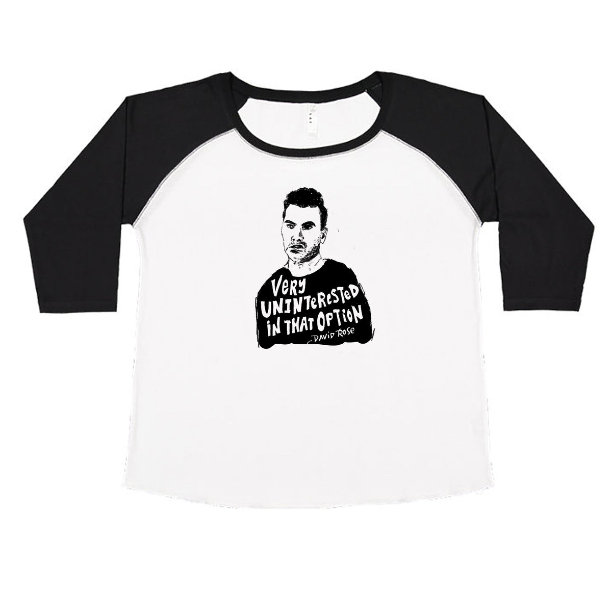 A black and white baseball-style t-shirt with a graphic design featuring a man's face and the text "Very UNINTELLIGENT IN THAT OPTION" printed on it.
