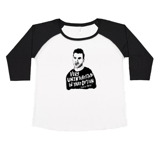 A black and white baseball-style t-shirt with a graphic design featuring a man's face and the text "Very UNINTELLIGENT IN THAT OPTION" printed on it.