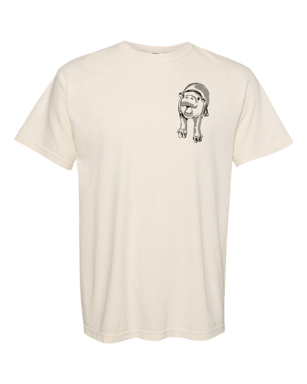 A cream-colored t-shirt with a black and white illustration of a dog on the front.