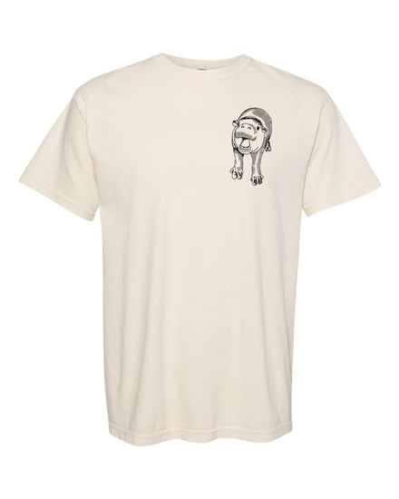 A cream-colored t-shirt with a black and white illustration of a dog on the front.