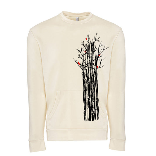 a white sweatshirt with a picture of a tree with red berries on it
